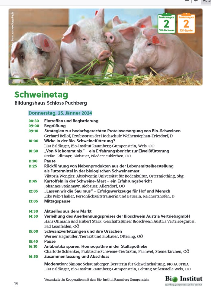 Bio-Schweinefachtag und BIO-AUSTRIA Bauerntage 2024